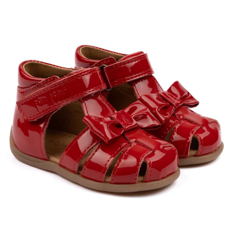 Pom Pom Red Patent Starters Bow Velcro Sandal