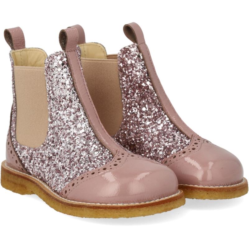 Angulus Faded Rose/Blossom Glitter/Rose Chelsea Glitter Boot with Brogues Detail